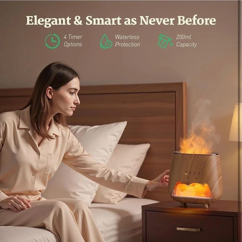 4-in-1 Wood Grain Aroma Diffuser and Himalayan Salt Lamp with Flame Effect Mist